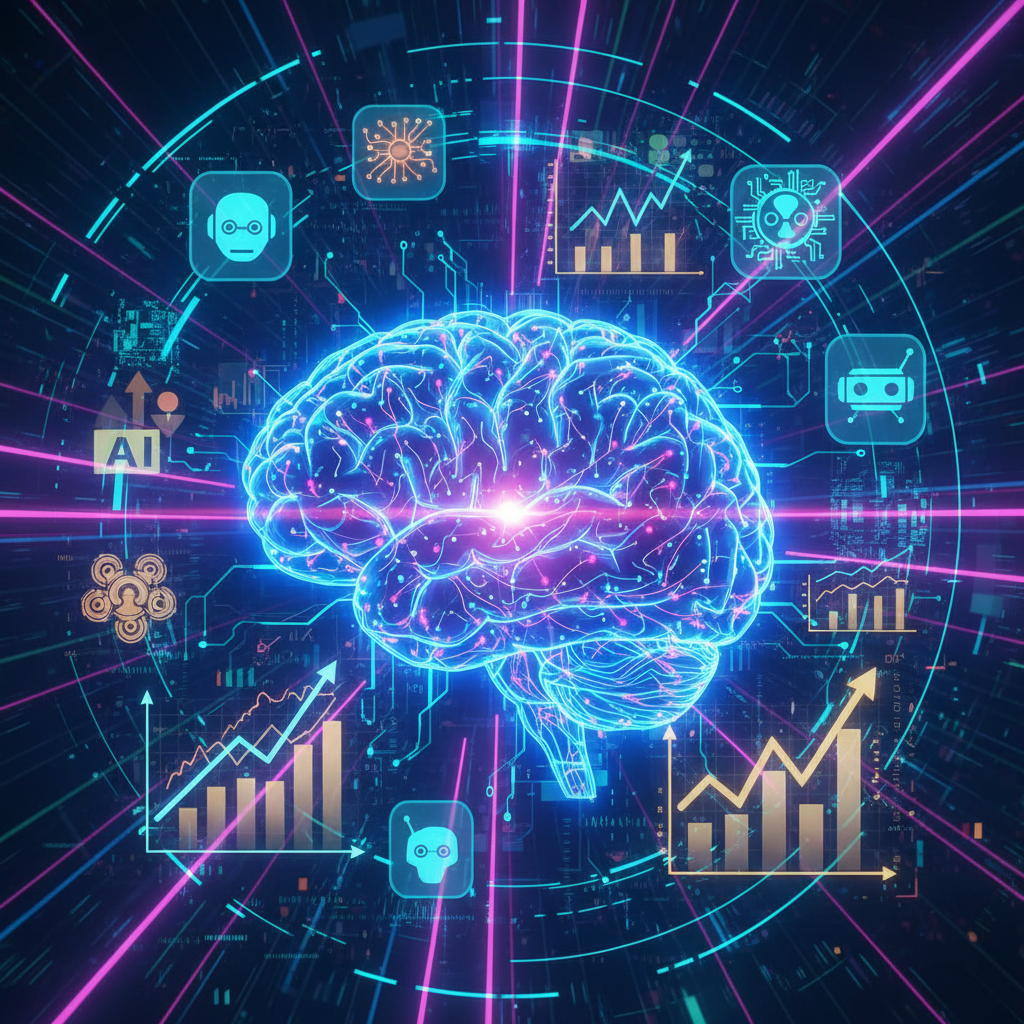 Entrepreneur using AI content ideas to build a brand, visualized as a glowing digital brain with business growth charts and AI icons.