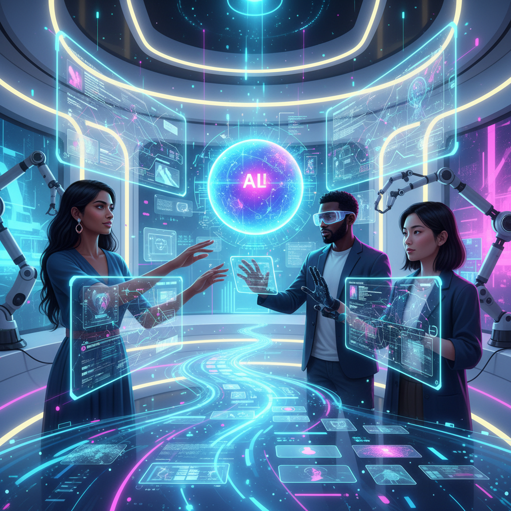 Entrepreneurs using advanced AI content creation software for business growth, illustrating a streamlined workflow in a modern, bright setting.