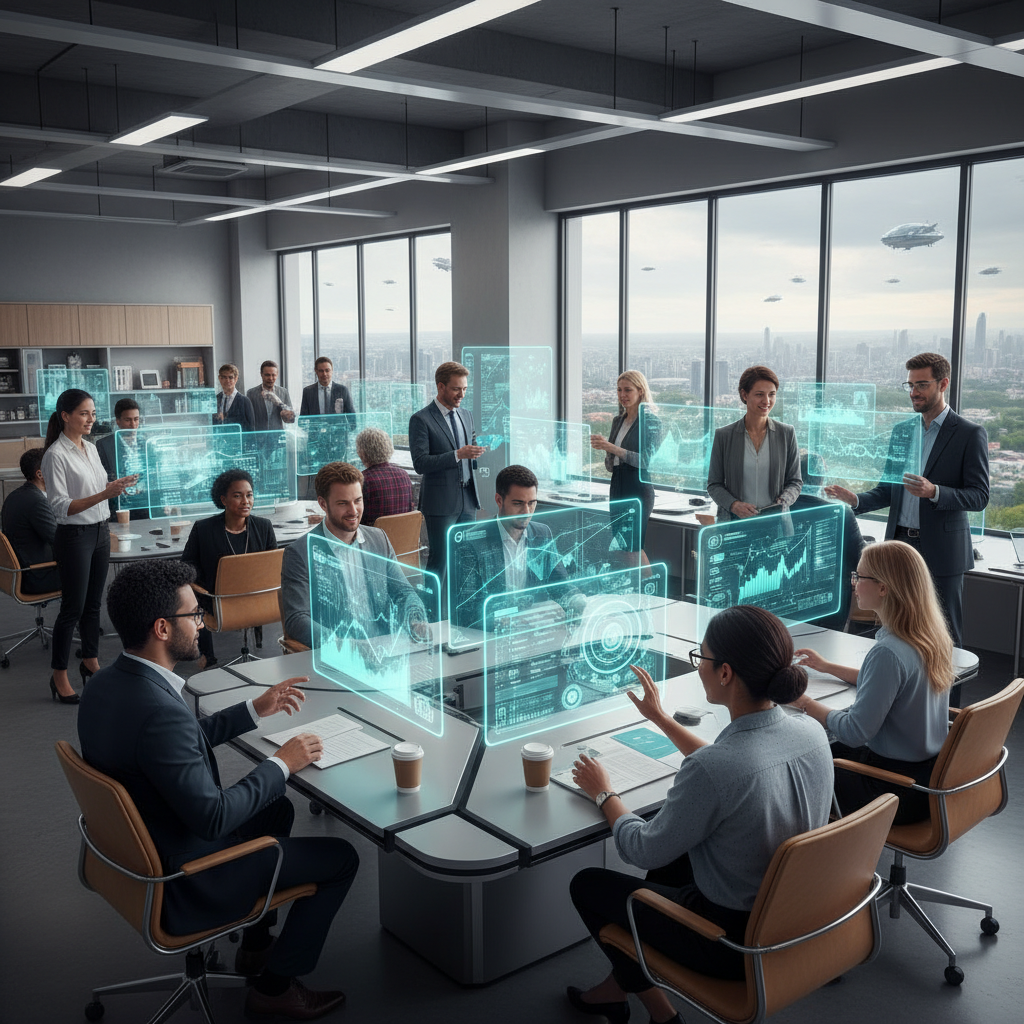 Entrepreneurs using advanced AI content creation software interfaces, showcasing data-driven growth and scalability in a modern business setting.