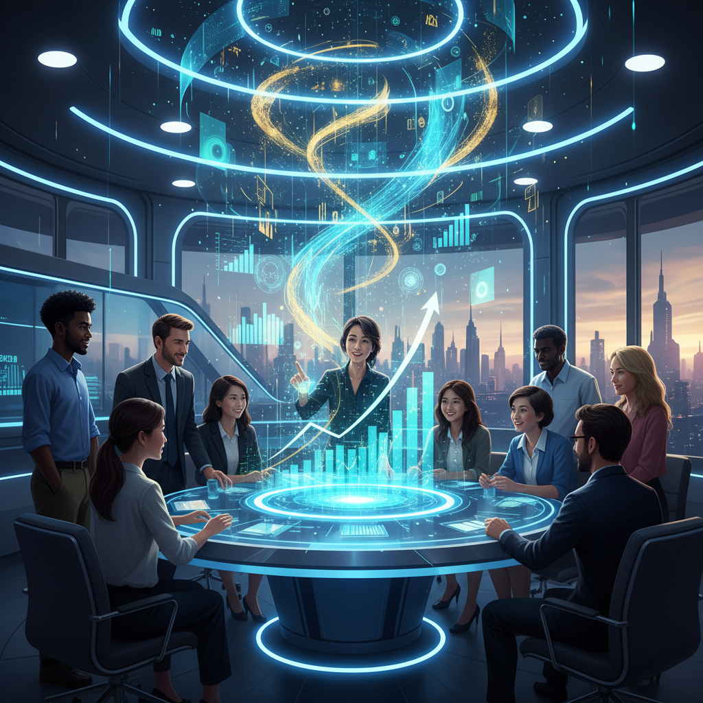 Entrepreneurs using AI content creation software for entrepreneurs to visualize business growth and automated content generation in a futuristic office setting.