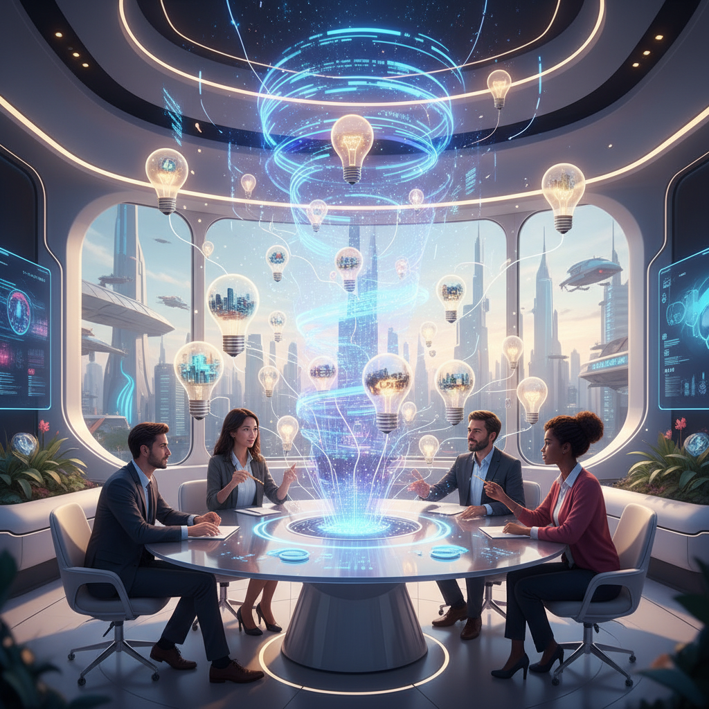 Entrepreneurs using AI content ideas for business growth, visualized as innovative lightbulb concepts in a modern, bright setting, reflecting 2026 trends.
