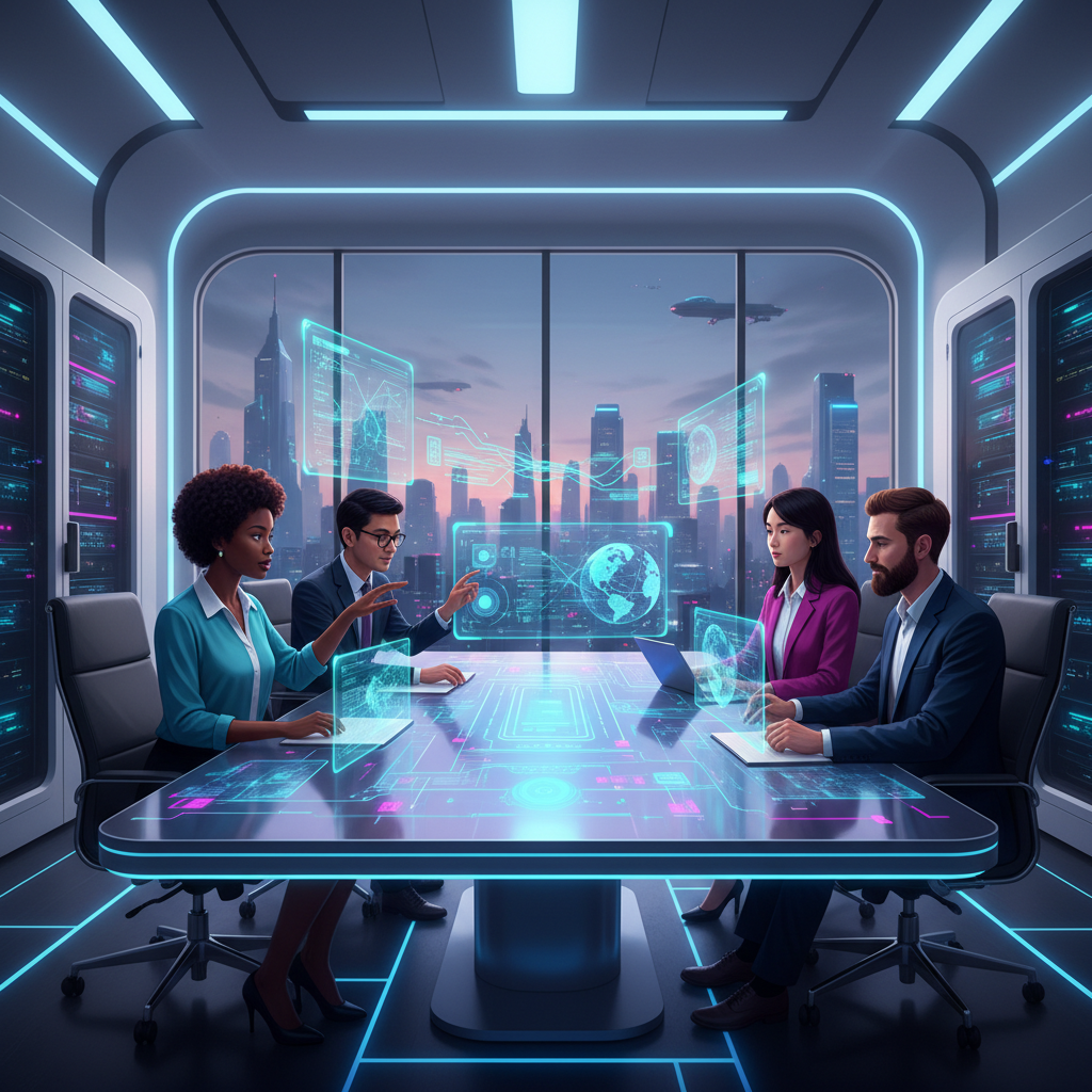 Entrepreneurs using AI content ideas for lead generation, collaborating with futuristic technology in a modern workspace.