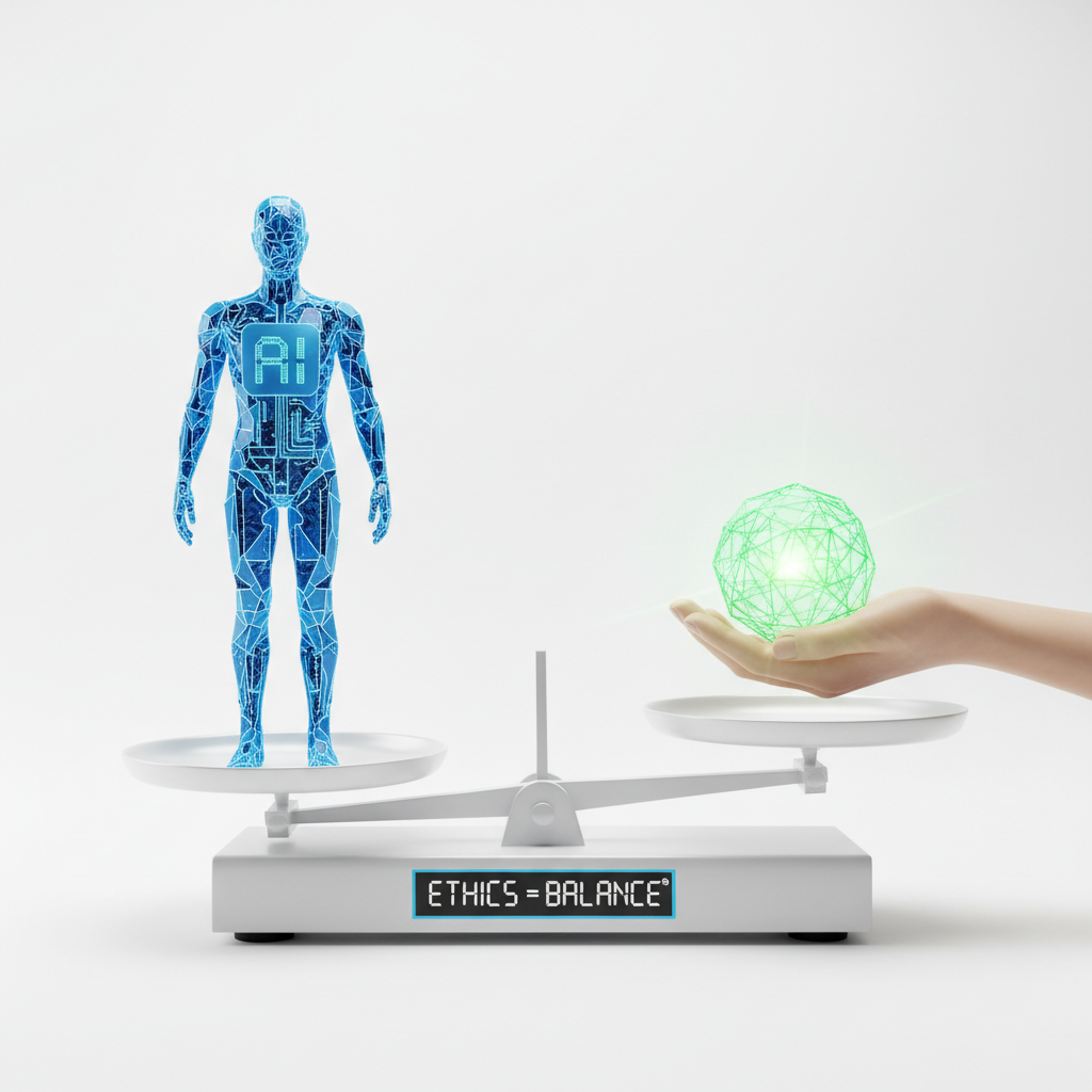 Ethical AI content creation visualized with balanced scales, symbolizing fair use and transparency for faceless brands in 2026.