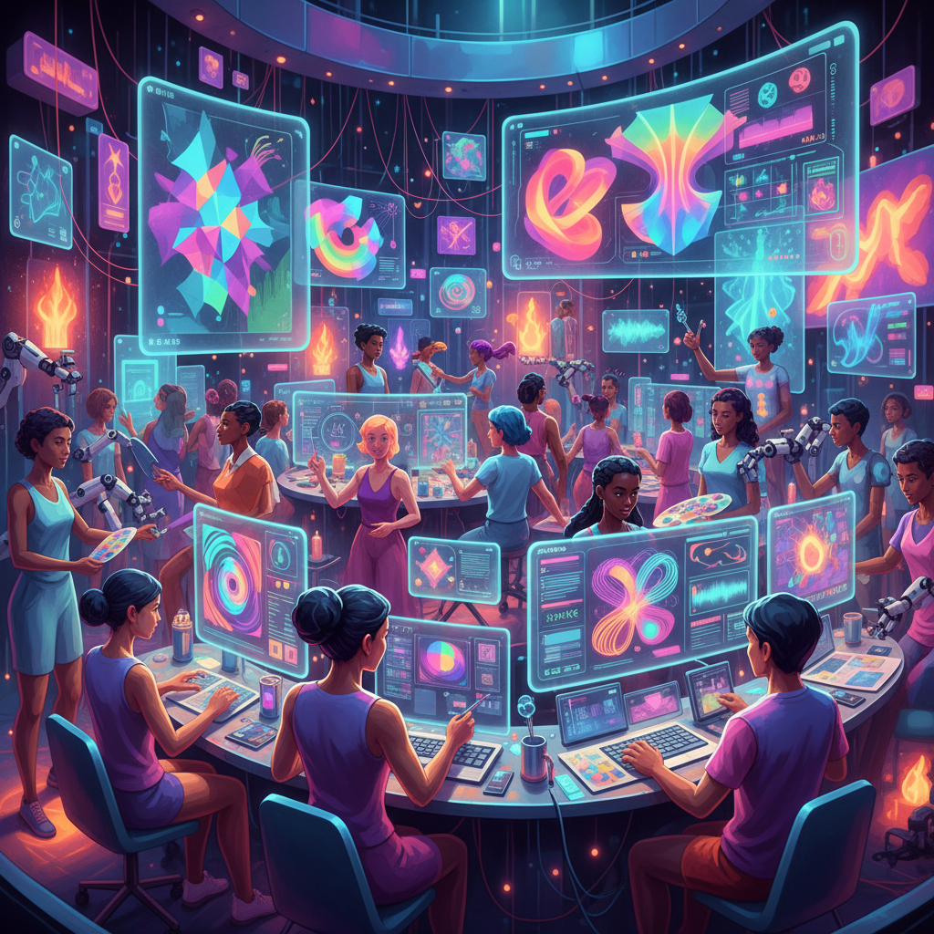 Exploring Synthesia alternatives for faceless videos: diverse AI avatars engaging with creative software in a futuristic studio environment. Exploring Synthesia alternatives for faceless videos: diverse AI avatars engaging with creative software in a futuristic studio environment.