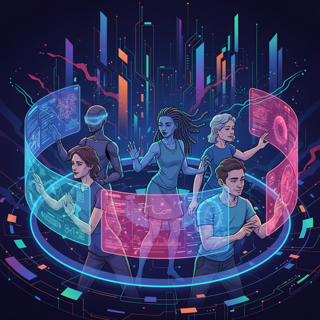 Exploring Synthesia alternatives for faceless videos with futuristic digital avatars showcasing creative content on glowing screens.