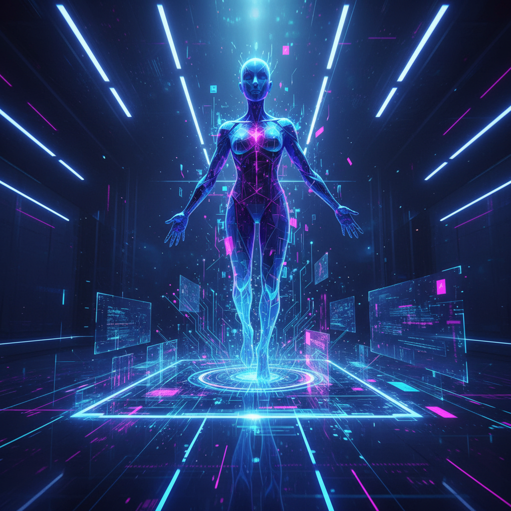 Faceless AI character animation emerging from a digital interface, illustrating the creation of engaging animated content for modern video production.