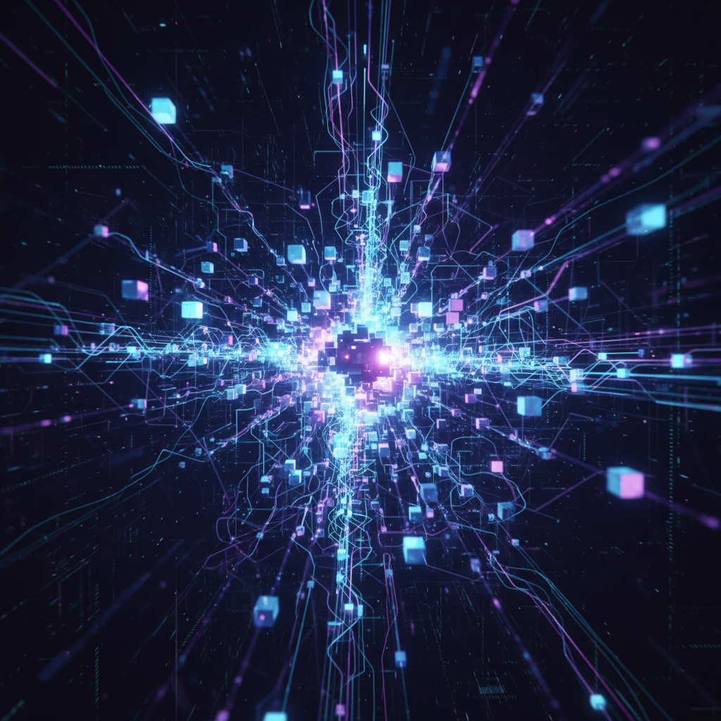 Faceless AI content automating social media, depicted as a glowing abstract digital network against a dark futuristic background.