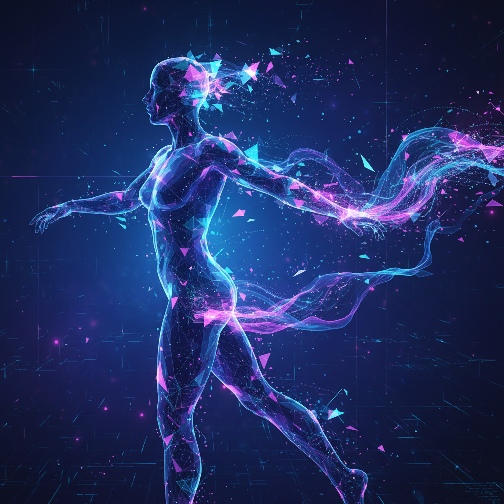 Faceless AI content visualized as an abstract human silhouette made of glowing data streams and futuristic geometric shapes.