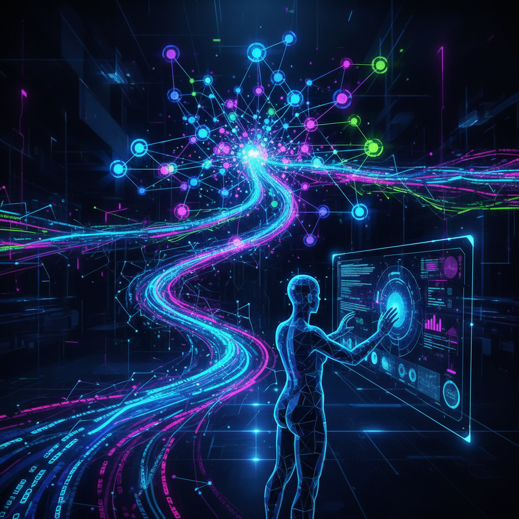 Faceless AI-generated courses marketing concept: abstract digital art showing AI course creation, data streams, and a stylized silhouette. Faceless AI-generated courses marketing concept: abstract digital art showing AI course creation, data streams, and a stylized silhouette.