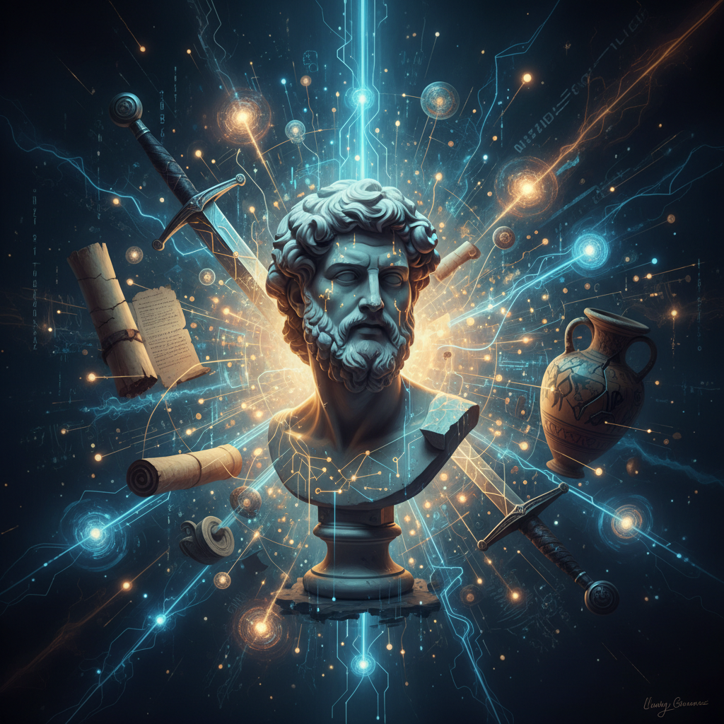 Faceless history channel ideas with AI, visualizing ancient artifacts and futuristic neural networks for digital content creation