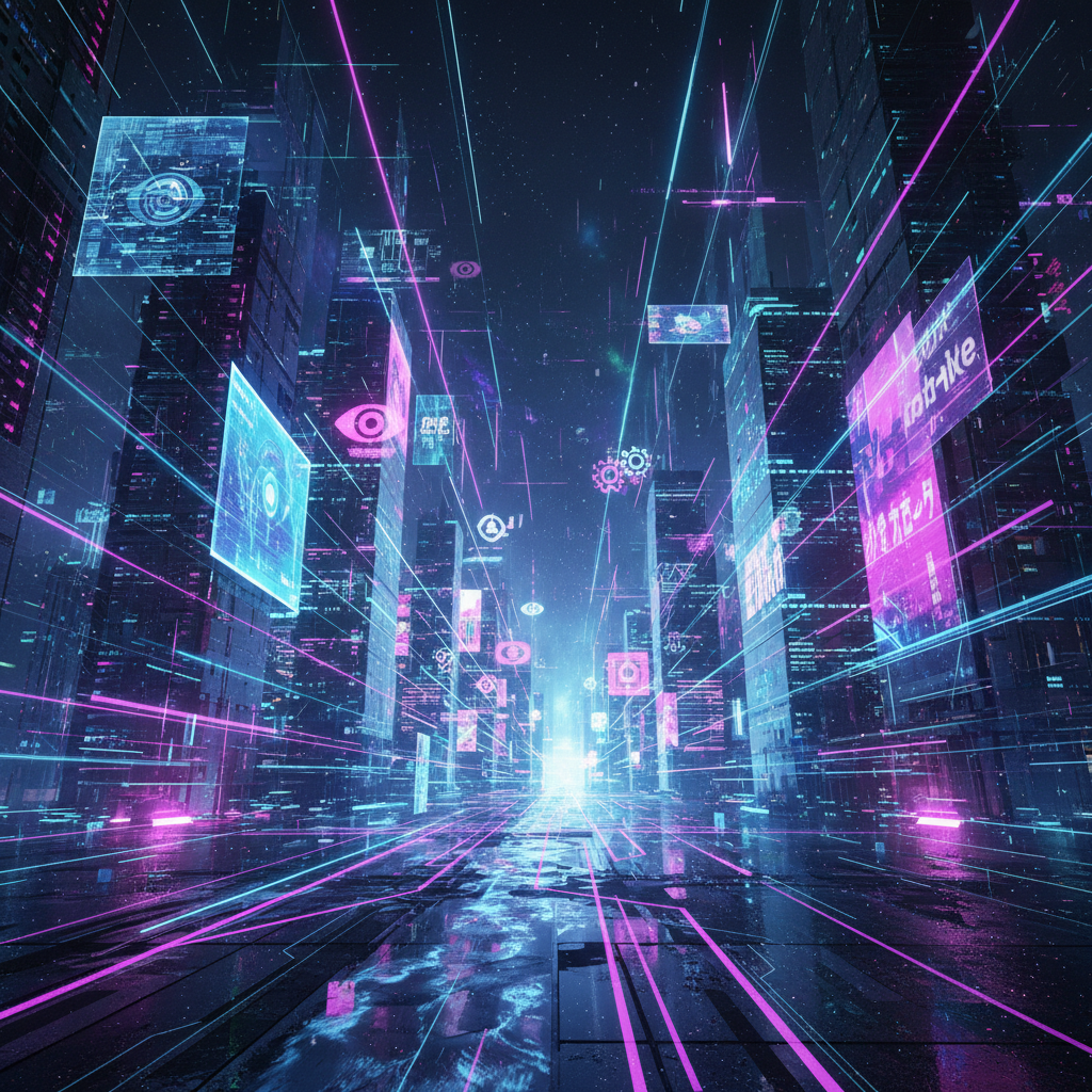 Faceless tech review channel ideas visualized with futuristic digital landscape, circuit boards, and abstract tech icons for 2026.