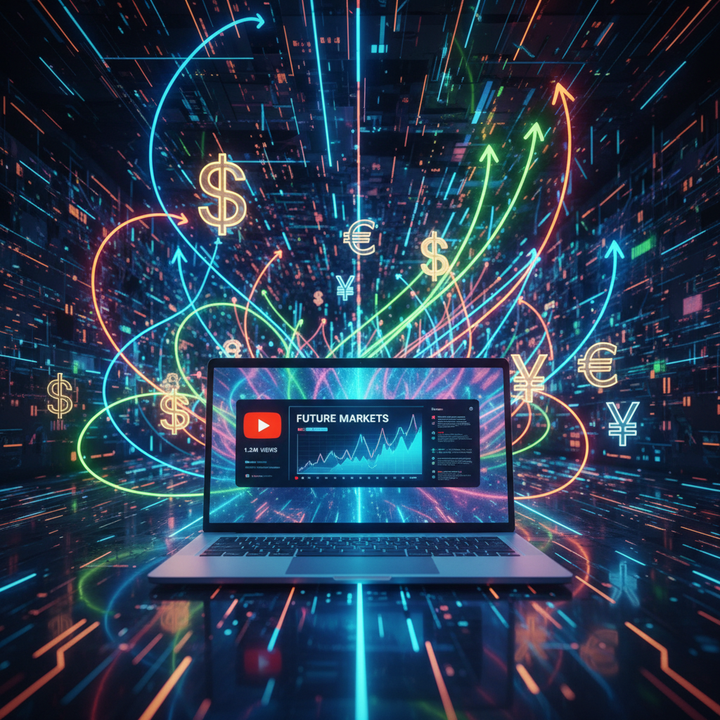 Faceless YouTube channel growth concept with glowing laptop, digital charts, and currency symbols, representing high-growth niches.