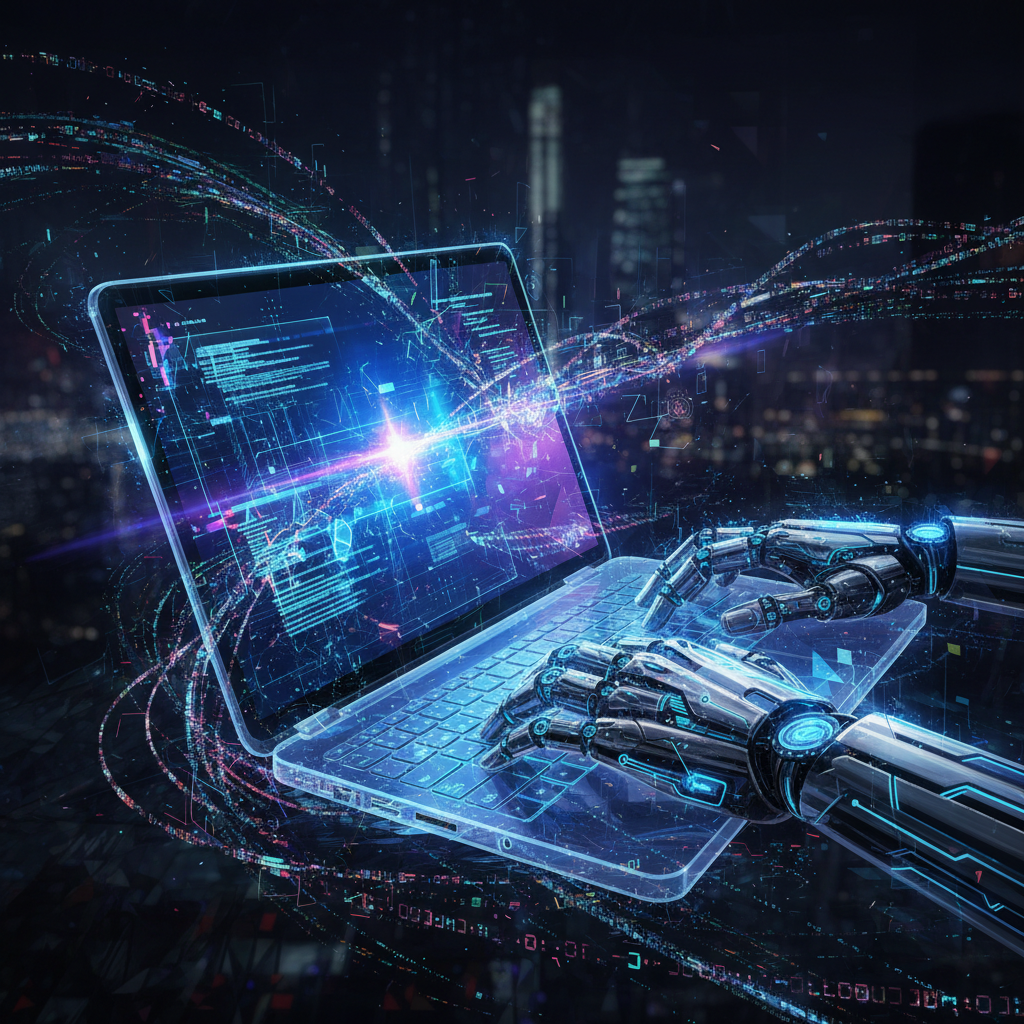 Faceless YouTube channel ideas with AI, futuristic robot hands using AI to create content on a glowing laptop screen.