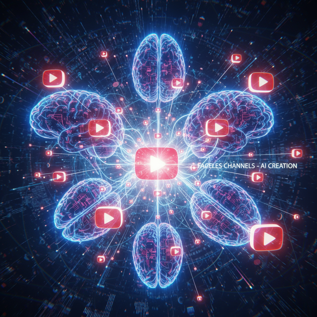 Faceless YouTube channel ideas with AI illustrated by glowing AI brains connecting to YouTube play buttons, representing digital content creation.