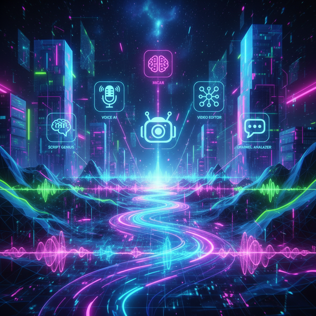 Futuristic abstract art with AI icons and soundwaves, illustrating the best AI tools for faceless YouTubers to enhance content creation.