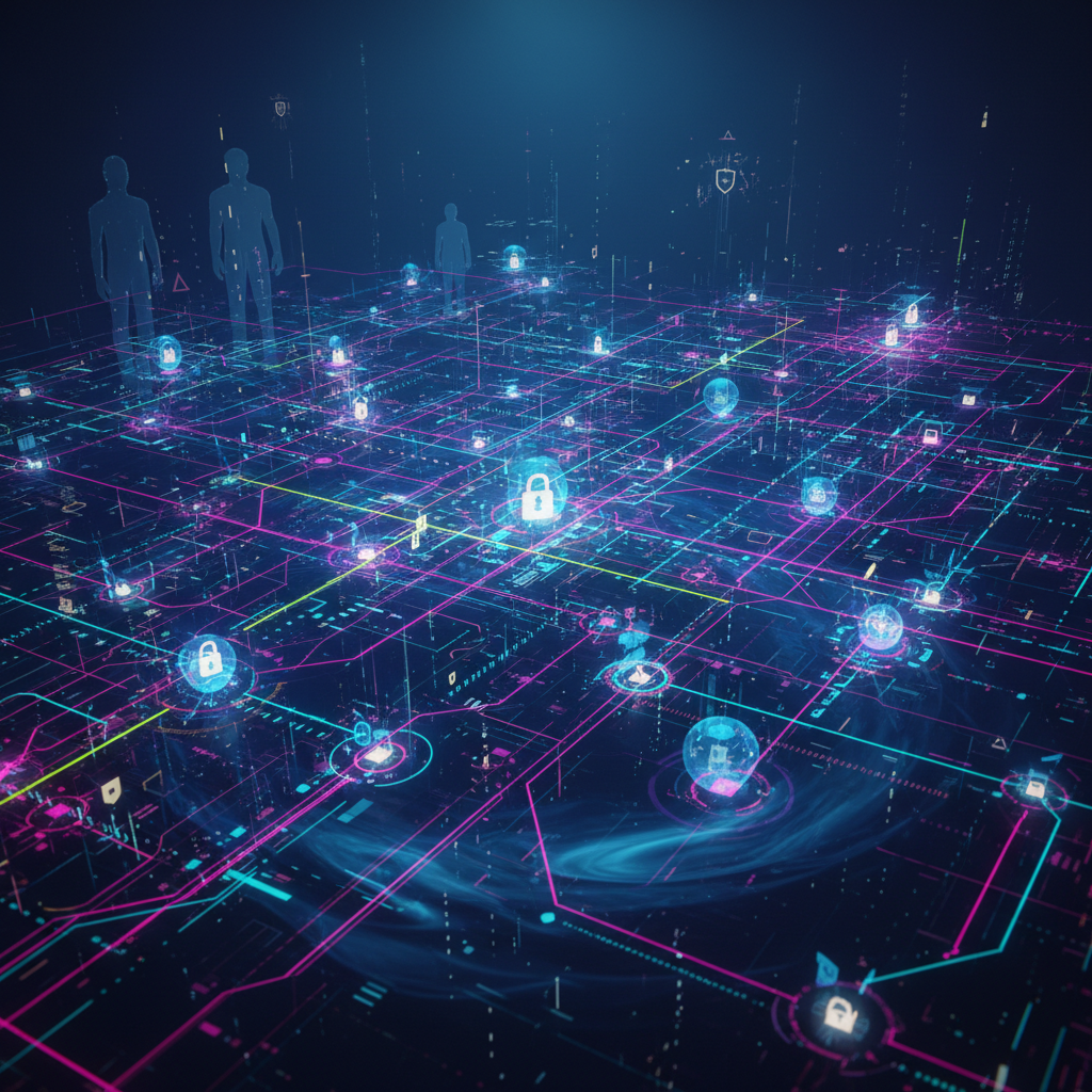Futuristic abstract digital landscape with glowing circuits and decentralized nodes, illustrating AI tools to stay anonymous online for creators.
