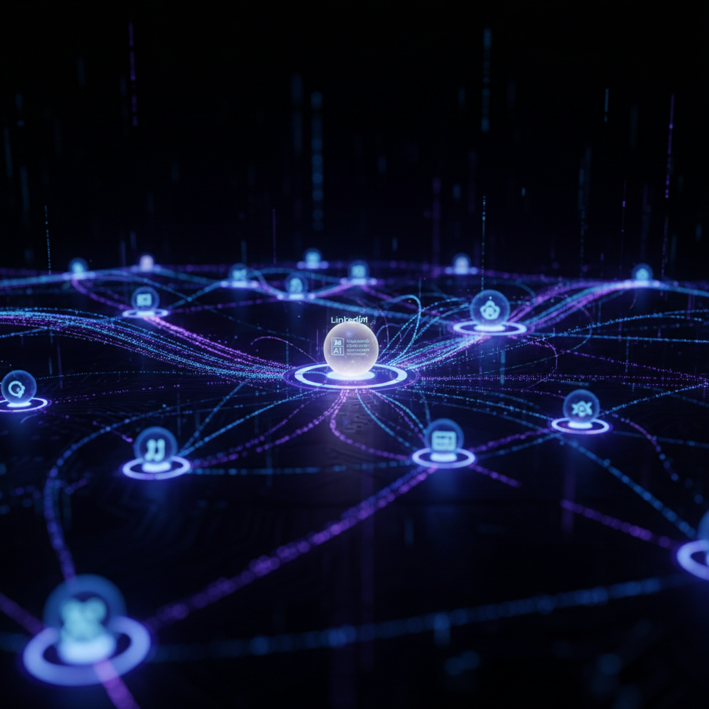 Futuristic abstract image showing AI tools connecting digital nodes, symbolizing faceless LinkedIn content creation and authority building.