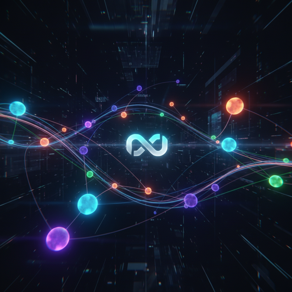 Futuristic abstract visual representing a faceless content strategy for brands, showcasing digital connections and brand identity elements.