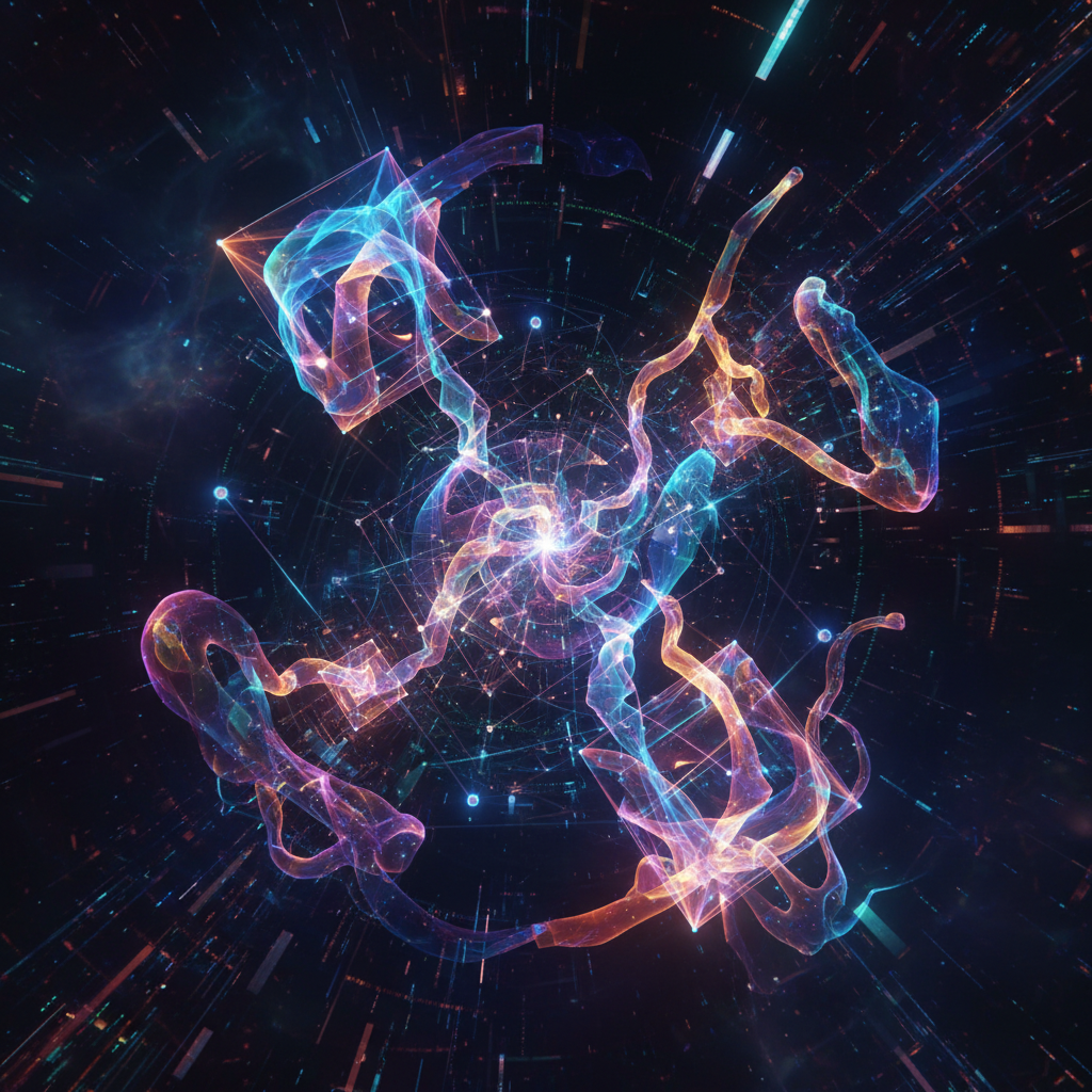 Futuristic AI animation software concept for faceless videos, with glowing nodes and abstract animated shapes, representing digital creation.