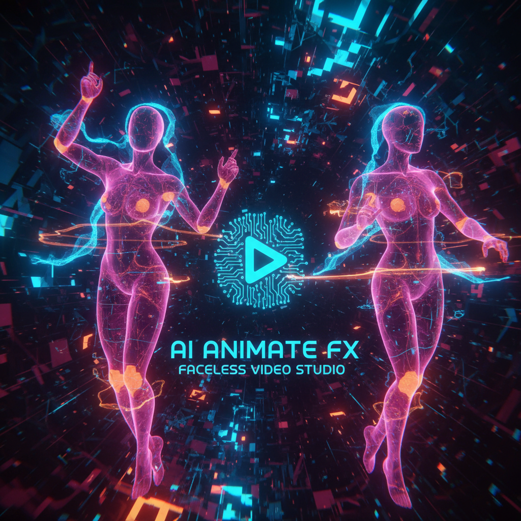 Futuristic AI animation software creating abstract, faceless video content with glowing digital nodes and vibrant neon lights, concept art.