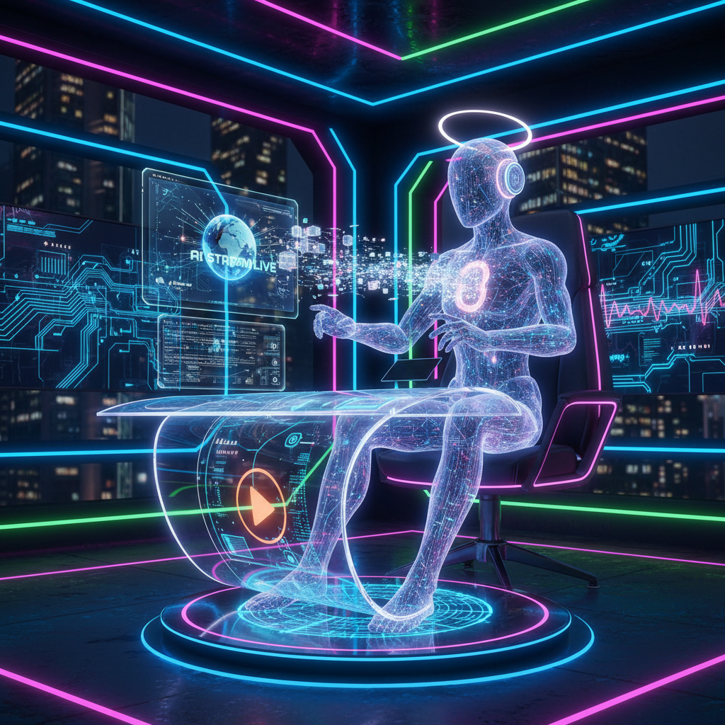 Futuristic AI avatar broadcasting live on a glowing console, illustrating the concept of using AI for faceless Twitch streams.