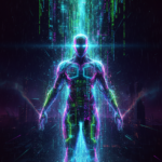 Futuristic AI avatar creation for faceless creators, a glowing digital persona emerging from code, representing online identity.