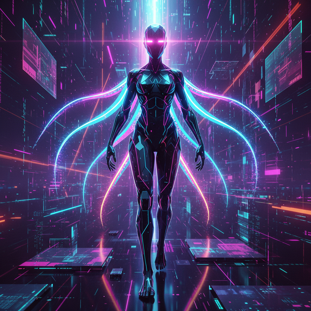 Futuristic AI avatar for anonymous creators, glowing with digital circuits, representing custom digital identity in 2026.