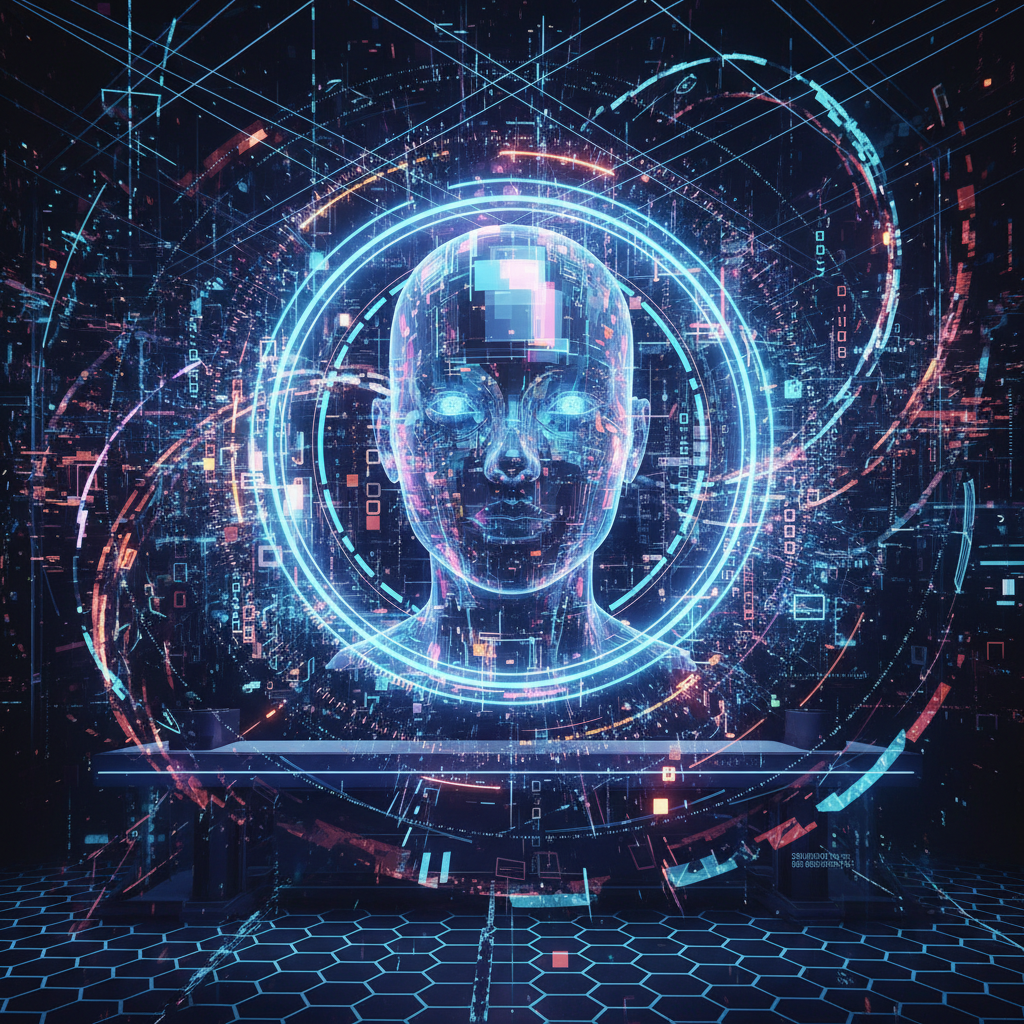 Futuristic AI avatar generators for YouTube, showing a digital twin being created on a glowing screen with abstract data streams.