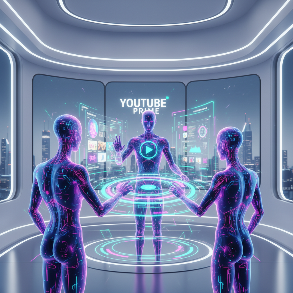 Futuristic AI avatars interacting with digital interfaces, showcasing advanced AI avatar generators for YouTube content creation.