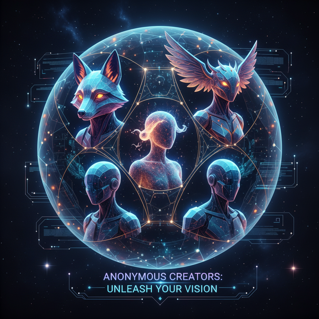 Futuristic AI avatars representing diverse anonymous creators, displayed on a digital platform, ready for use in 2026.