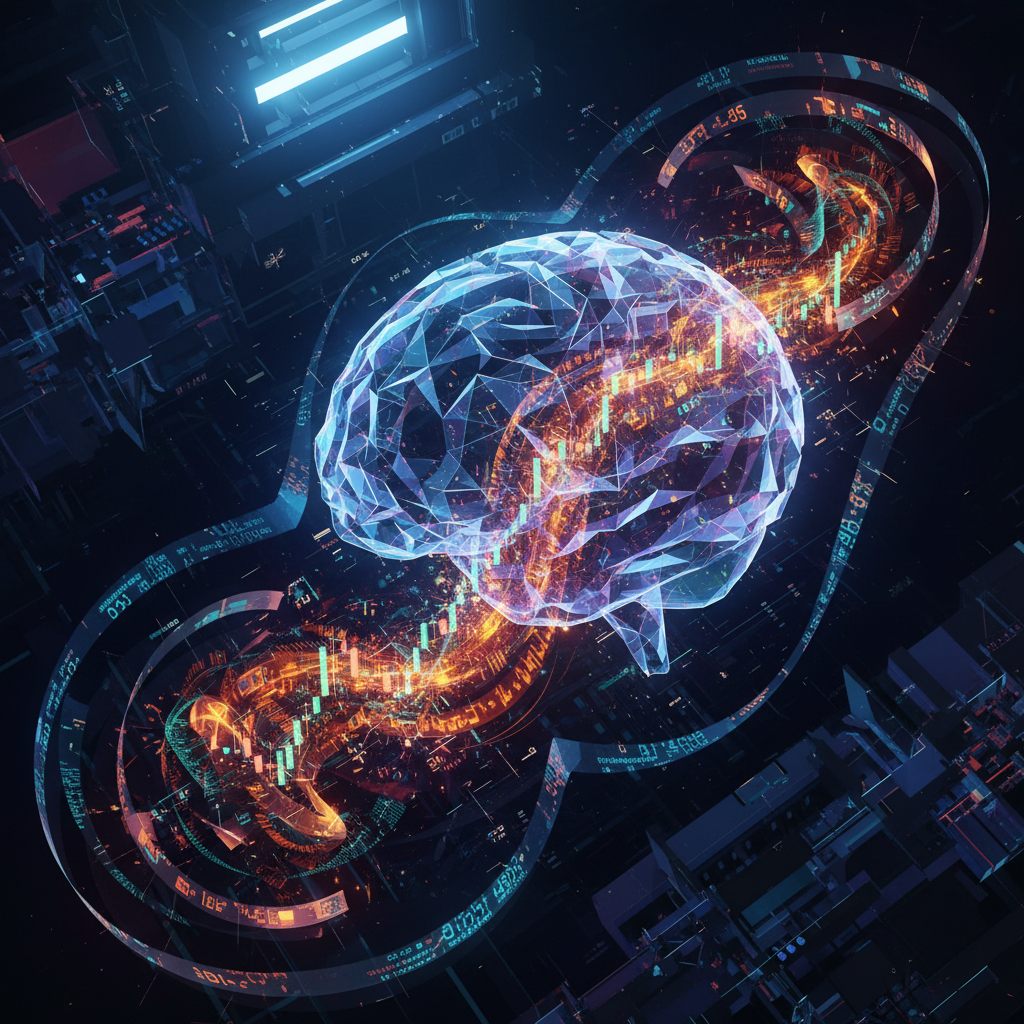 Futuristic AI brain processing financial data streams, illustrating an AI finance channel without showing face. Futuristic AI brain processing financial data streams, illustrating an AI finance channel without showing face.