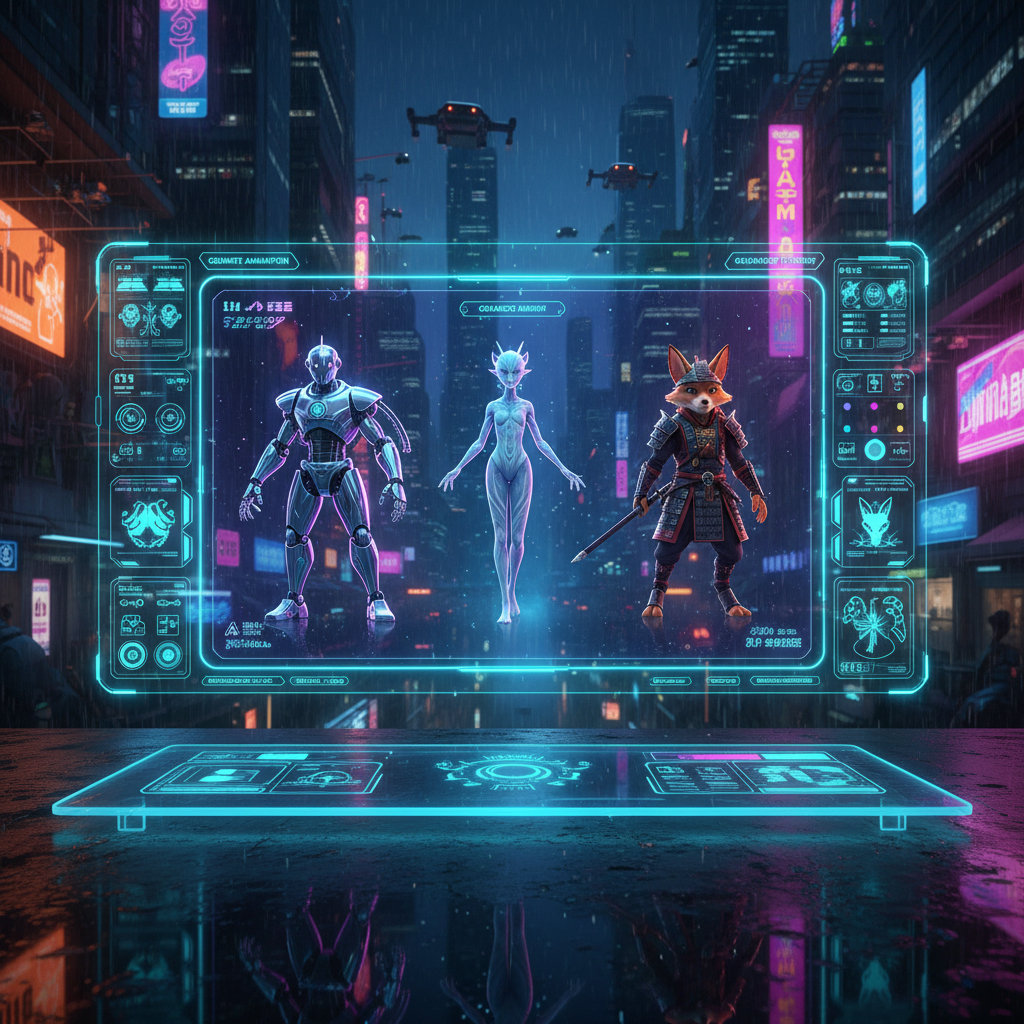 Futuristic AI character animation software interface showcasing diverse animated characters for faceless videos, with holographic elements and vibrant digital lighting.