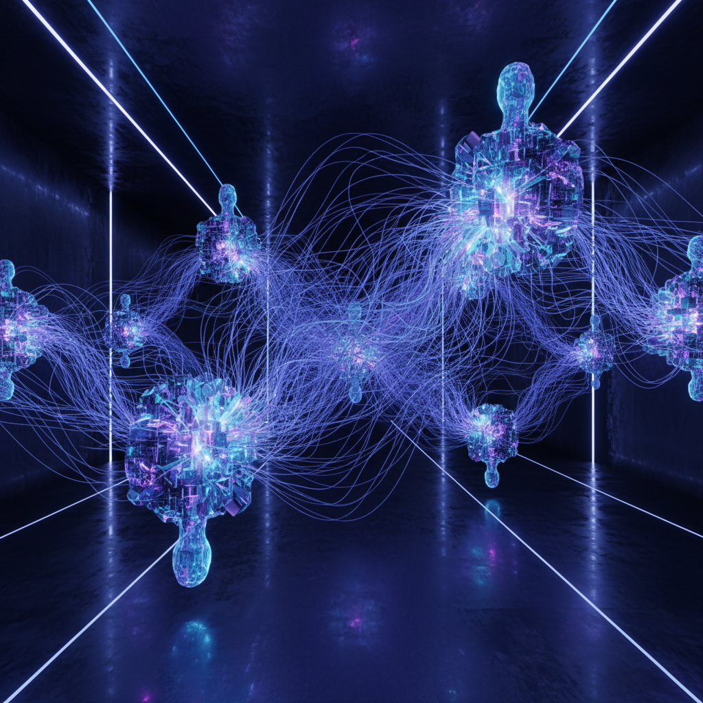 Futuristic AI concept art for a HeyGen review, illustrating faceless content creation with glowing data nodes and digital streams in a dark studio.