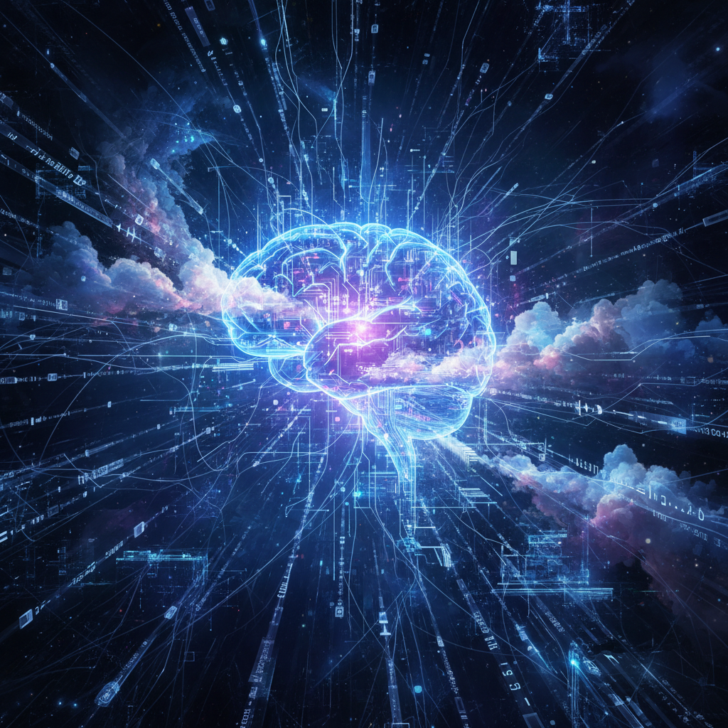 Futuristic AI content automation concept illustration showing a digital brain processing text data with glowing circuits and network patterns. Futuristic AI content automation concept illustration showing a digital brain processing text data with glowing circuits and network patterns.