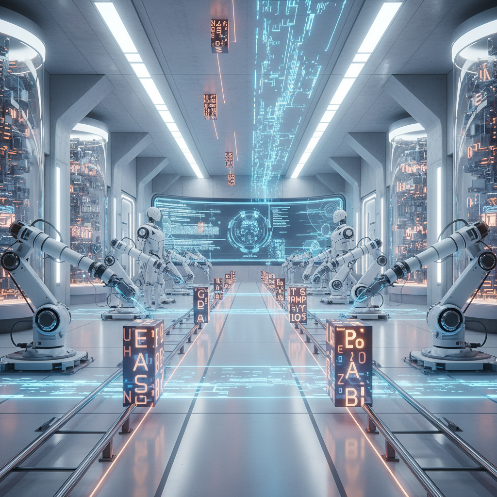 Futuristic AI content production factory with robots assembling text, illustrating the best workflow for AI content production in 2026.