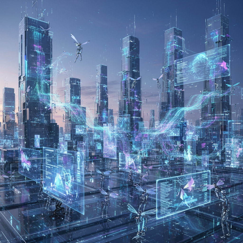 Futuristic AI content production workflow visualized with glowing data streams and bots, representing the best workflow for AI content.