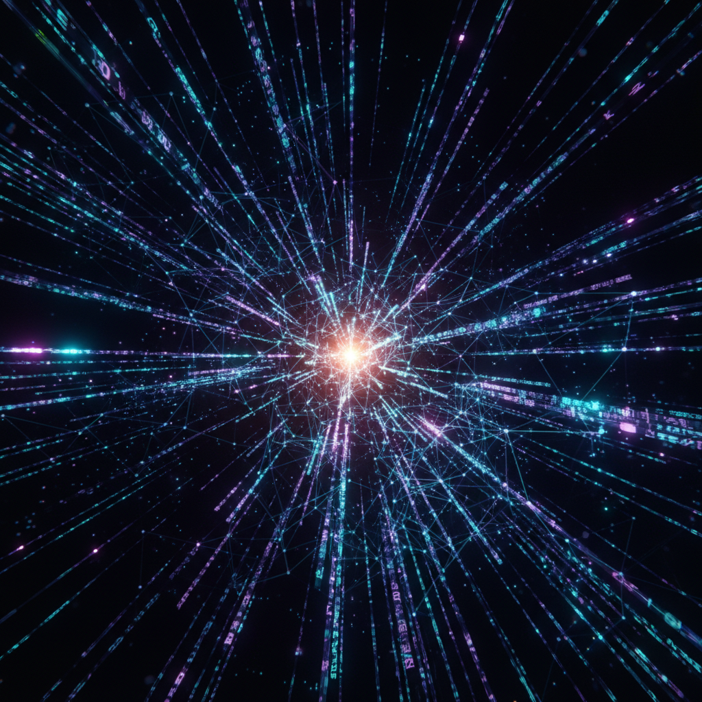 Futuristic AI content repurposing network with glowing nodes and data streams, representing strategy for faceless brands.