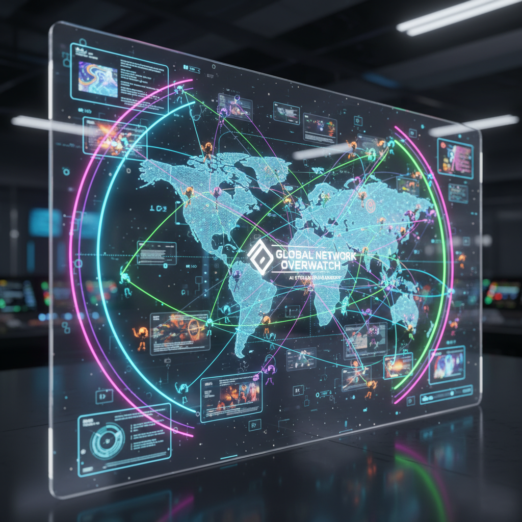 Futuristic AI dashboard visualizing how to manage multiple faceless channels with automation, global network connections, and digital content streams.