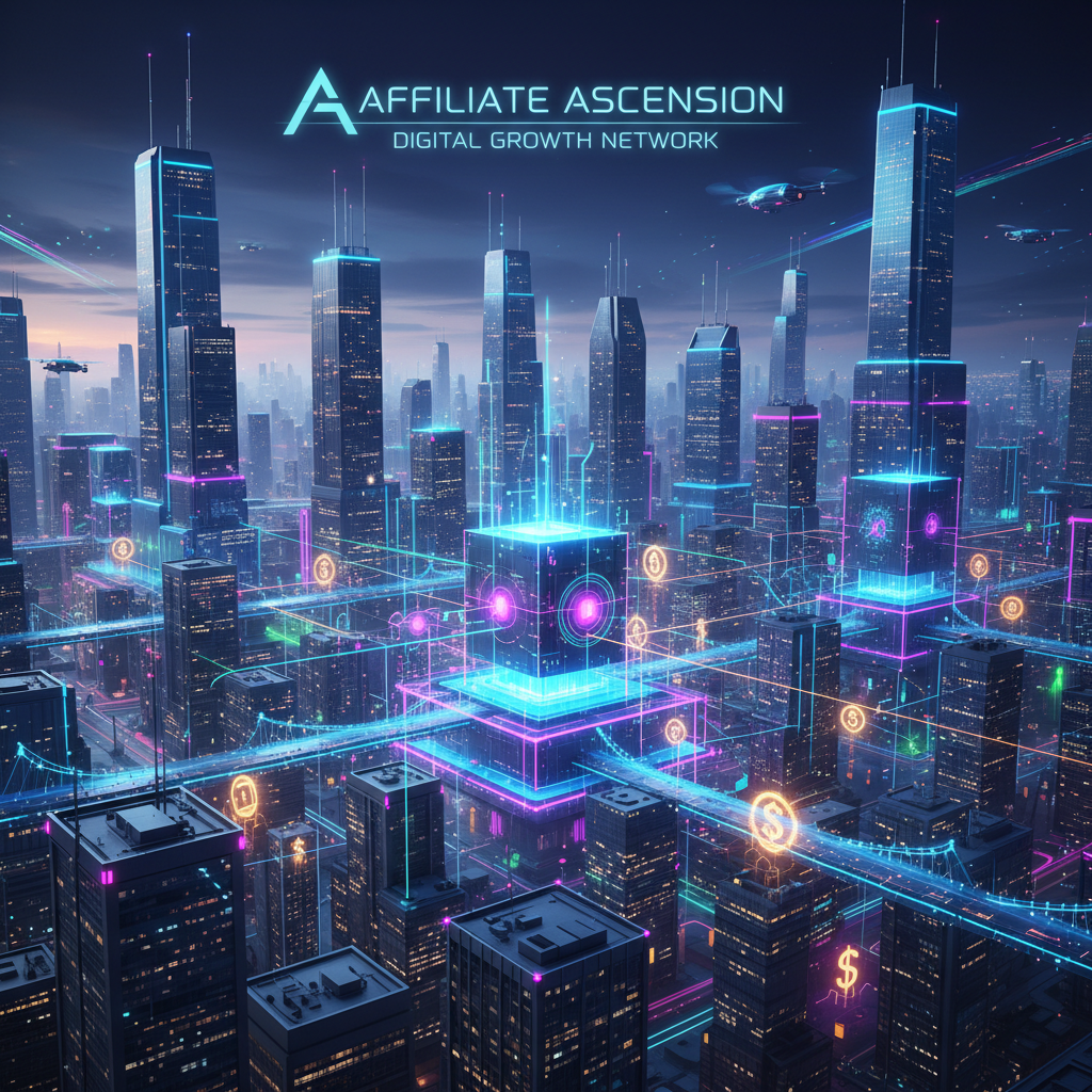 Futuristic AI digital nodes connecting in a vibrant cityscape, symbolizing scaling AI content for affiliate marketing in 2026.