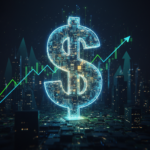 Futuristic AI finance channel concept art, showing glowing circuits and currency symbols, representing profitable online content creation without showing face.