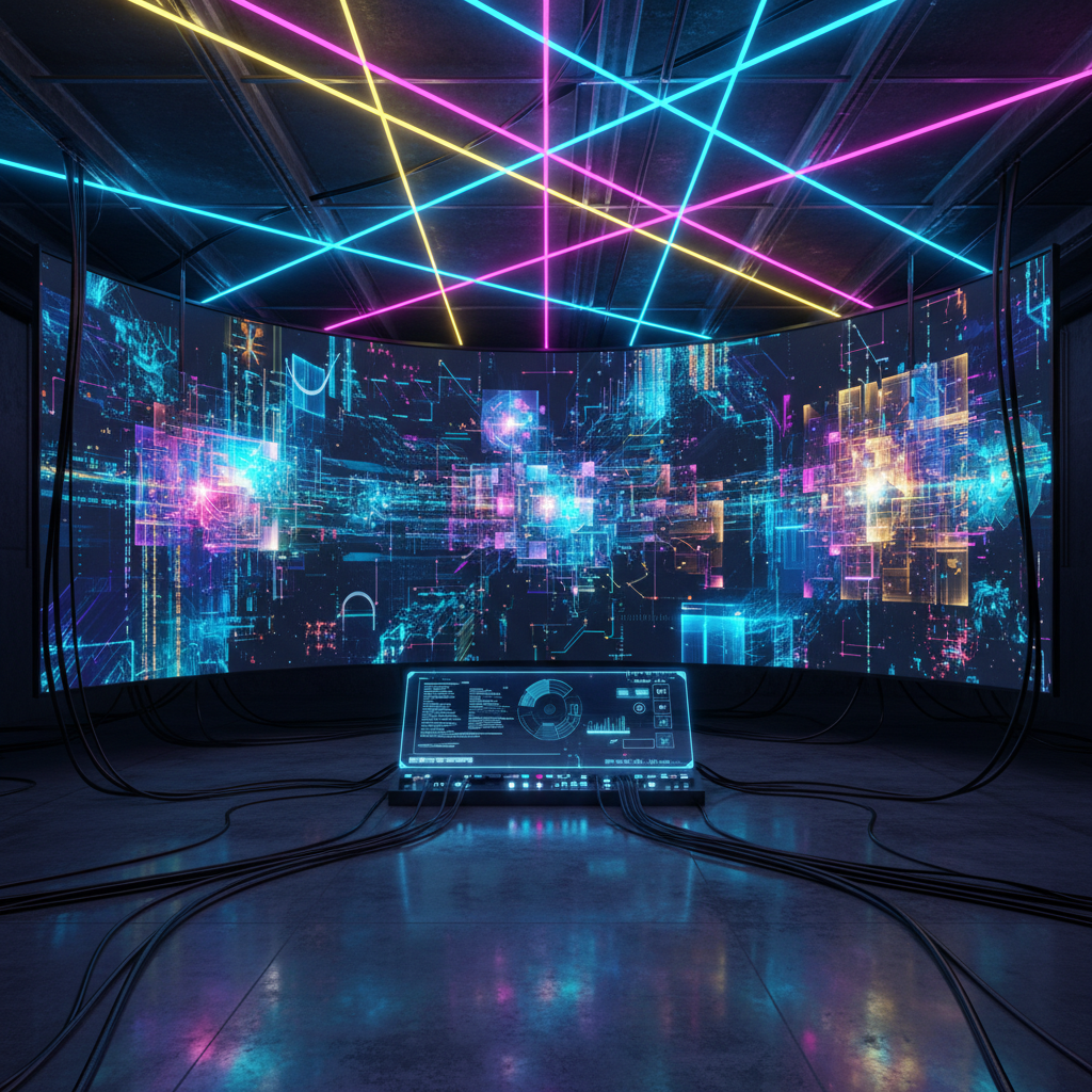 Futuristic AI image generation for thumbnails, showcasing abstract digital art creation with glowing nodes and neon lighting. Futuristic AI image generation for thumbnails, showcasing abstract digital art creation with glowing nodes and neon lighting.