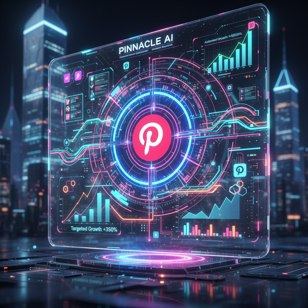 Futuristic AI interface automating a faceless Pinterest account, showing abstract data streams and vibrant neon glow. Futuristic AI interface automating a faceless Pinterest account, showing abstract data streams and vibrant neon glow.