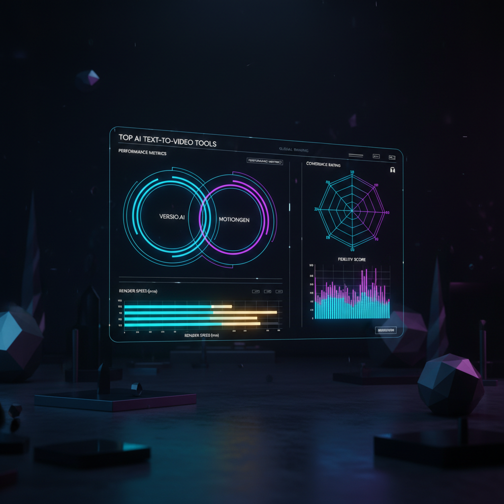 Futuristic AI interface comparing performance metrics of best AI text-to-video tools, holographic charts, dark studio lighting, digital art.