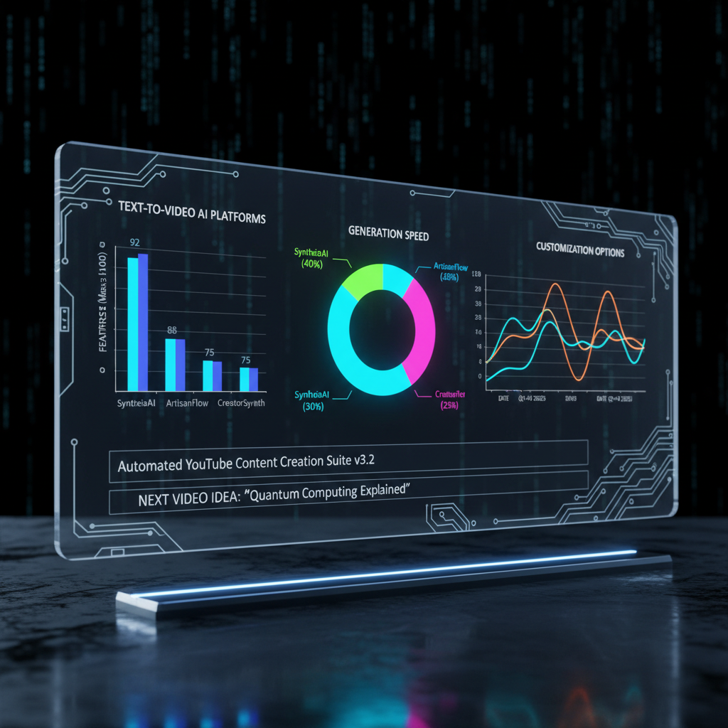Futuristic AI interface comparing text-to-video AI features for automated YouTube content creation, showcasing data visualization and digital art.