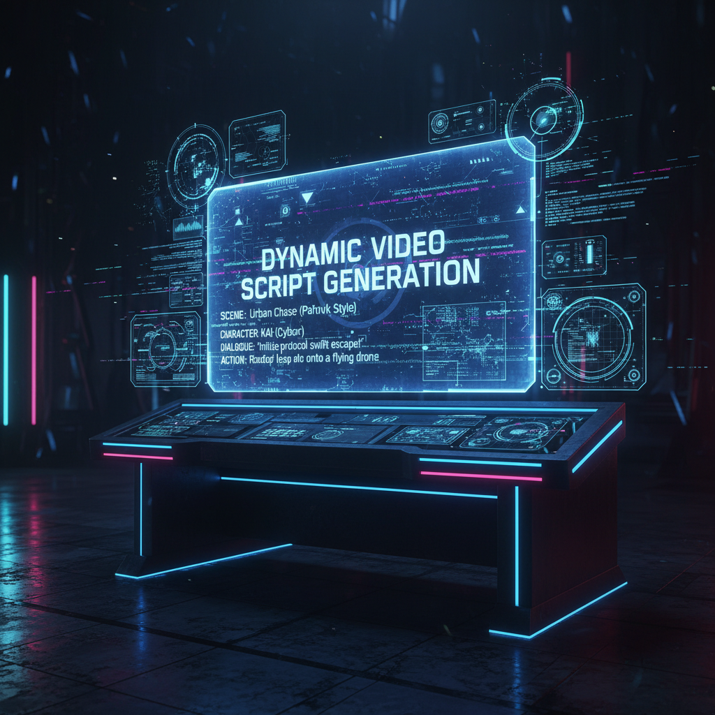 Futuristic AI interface creating dynamic video script elements for AI script writing for faceless videos, glowing holographic text, digital art.