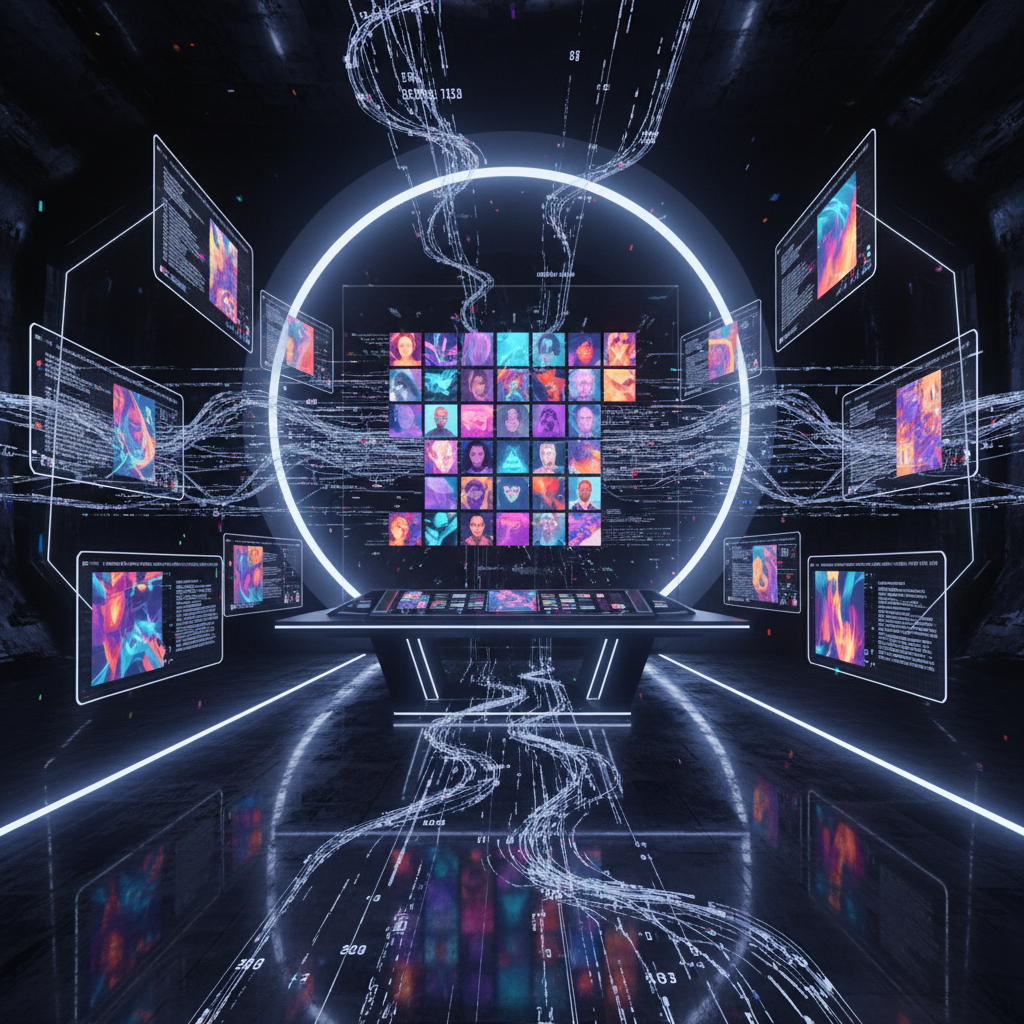Futuristic AI interface creating faceless video avatars, showcasing the best AI for faceless videos.