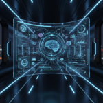 Futuristic AI interface demonstrating how to make faceless educational videos with advanced technology and animated visuals.
