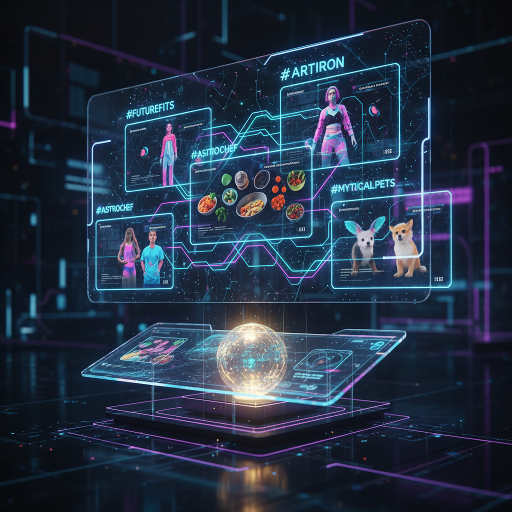 Futuristic AI interface displaying diverse AI-generated content ideas for TikTok, with holographic projections and neon lighting.