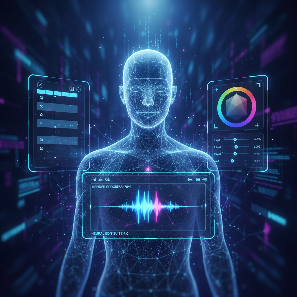 Futuristic AI interface for faceless video production tutorial, showcasing avatar creation and editing tools with glowing digital lights.