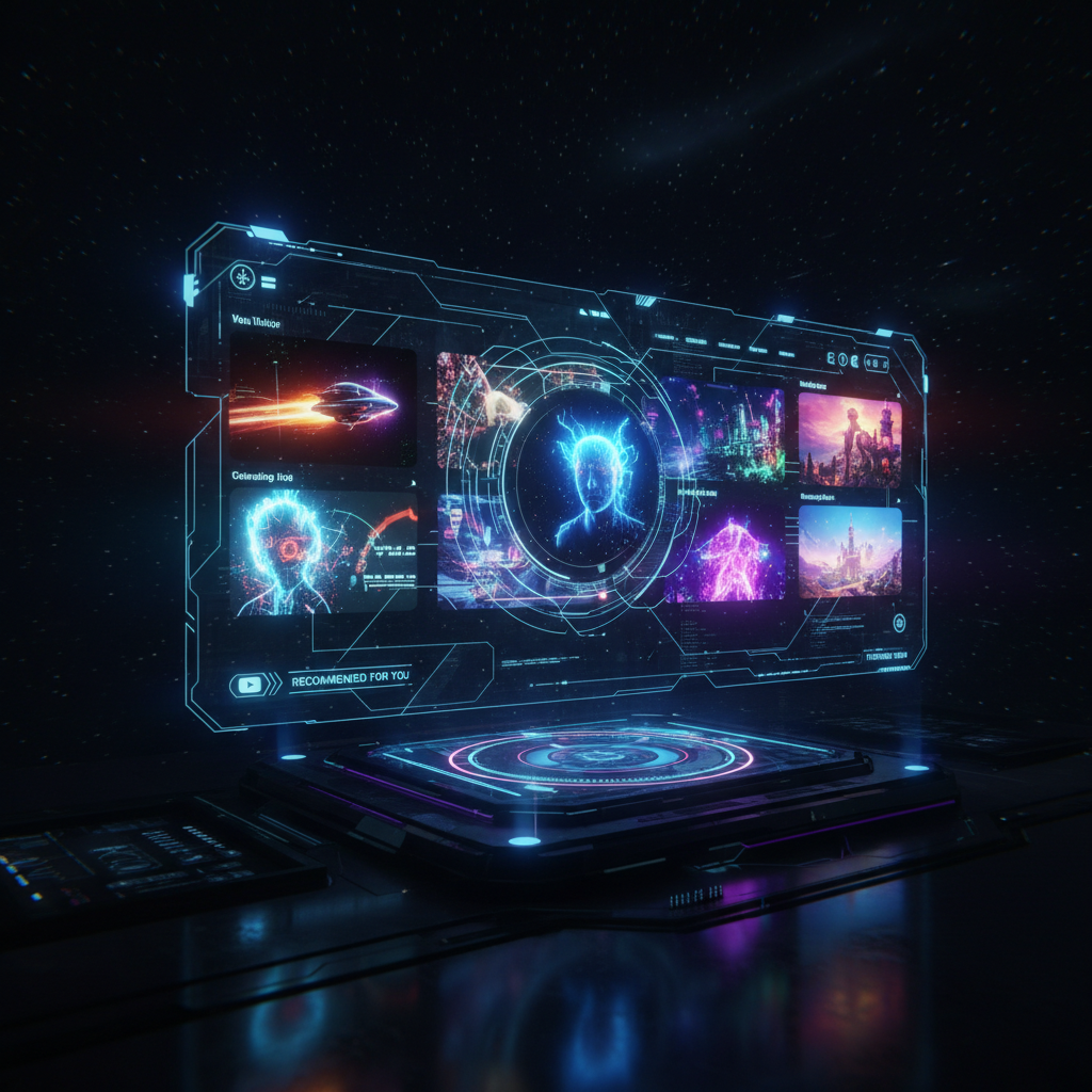 Futuristic AI interface showcasing best AI thumbnail generators for YouTube, vibrant and eye-catching designs, digital glow, dark background